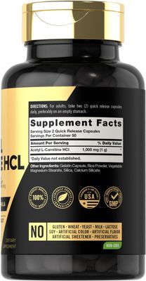 Carlyle Acetyl L-Carnitine HCL Capsules| 1000mg | 100 Count | Non-GMO and Gluten Free Supplement