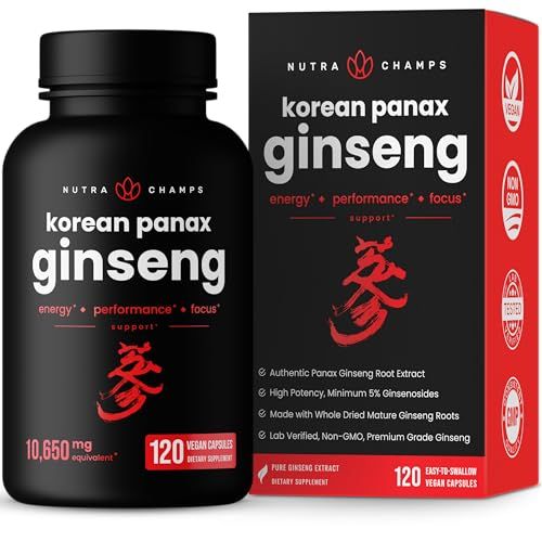NutraChamps Korean Red Panax Ginseng Capsules | Extra Strength Ginsenosides for Energy, Focus, Performance, Vitality &amp; Immune Support | Korean Red Ginseng Root Extract Powder Supplement | Vegan Pills