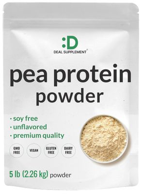 DEAL SUPPLEMENT Unflavored Pea Protein Powder, 5lbs - Premium North American Grown Peas - Easily Digested Isolate Form - Great for Shakes, Bars, or Snacks - 27g Protein Serving, Soy Free, Vegan