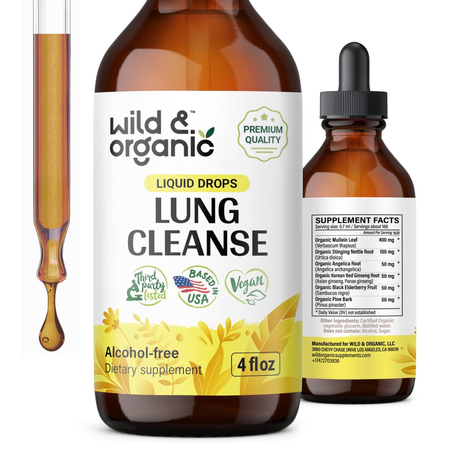 Wild &amp; Organic Lung Cleanse Tincture - Mullein Drops for Lungs - Herbal Lung Detox and Cleanse - Lung Support Supplement - Vegan, Alcohol Free Drops - 4 fl oz