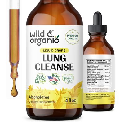 Wild &amp; Organic Lung Cleanse Tincture - Mullein Drops for Lungs - Herbal Lung Detox and Cleanse - Lung Support Supplement - Vegan, Alcohol Free Drops - 4 fl oz