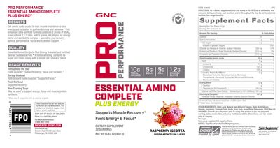 GNC Pro Performance Essential Amino Complete Plus Energy - Raspberry Iced Tea | 5g BCAA, 5g EAA Plus Energy Blend and Electrolyte Complex | 30 Servings