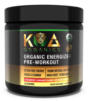 KOA Organics- USDA Organic Pre Workout Powder for Men &amp; Women - Natural Vegan Organic Energizer w/165mg Organic Caffeine, Maca Root, Yerba Mate + Herbs for Energy &amp; Focus - Strawberry Lemonade - 150g