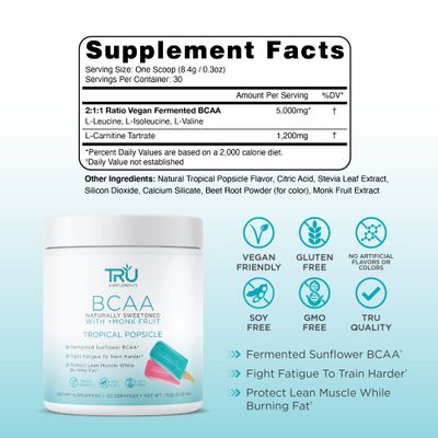 TRU BCAA, Plant Based Branched Chain Amino Acids, Vegan Friendly, Zero Calories, No artificials sweeteners or Dyes, 30 Servings, Tropical Popsicle