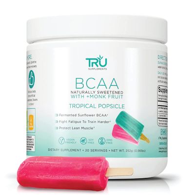 TRU BCAA, Plant Based Branched Chain Amino Acids, Vegan Friendly, Zero Calories, No artificials sweeteners or Dyes, 30 Servings, Tropical Popsicle