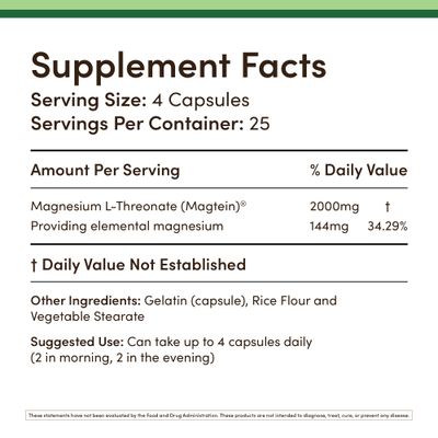 Magnesium L Threonate Capsules (Magtein) - High Absorption Supplement - Bioavailable Form for Sleep and Cognitive Function Support - 2,000 mg - 100 Capsules