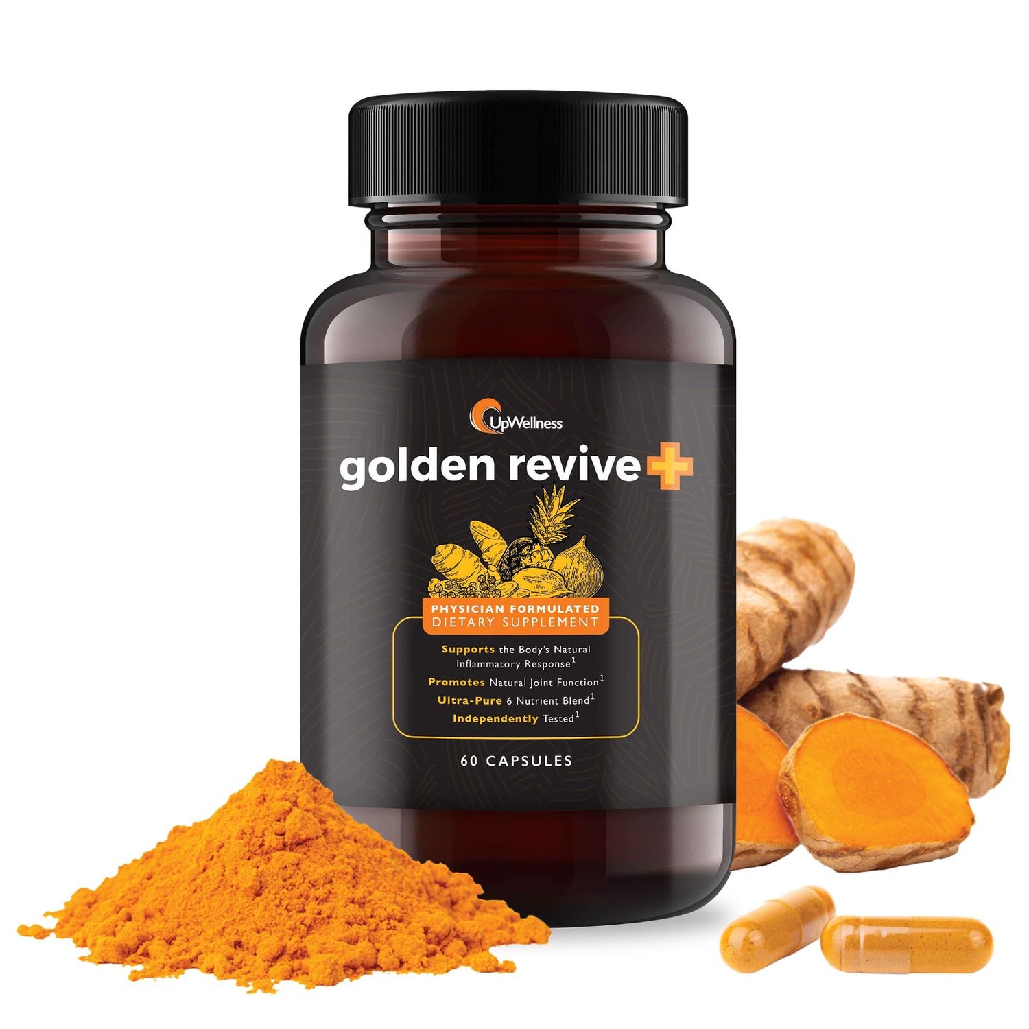 UpWellness Golden Revive + Joint Support Supplement Featuring Turmeric with Black Pepper, Quercetin, and Magnesium- Turmeric Black Pepper Supplement - 6 Active Ingredients for Joint Care - 60 Capsules