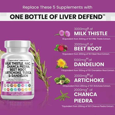 Clean Nutraceuticals Milk Thistle 3000mg NAC Chanca Piedra 2000mg Beet Root 2000mg Artichoke 2000mg Dandelion Root 1000mg - Liver Cleanse Detox & Repair Supplement Plus TUDCA Choline & Ginger 60 Count