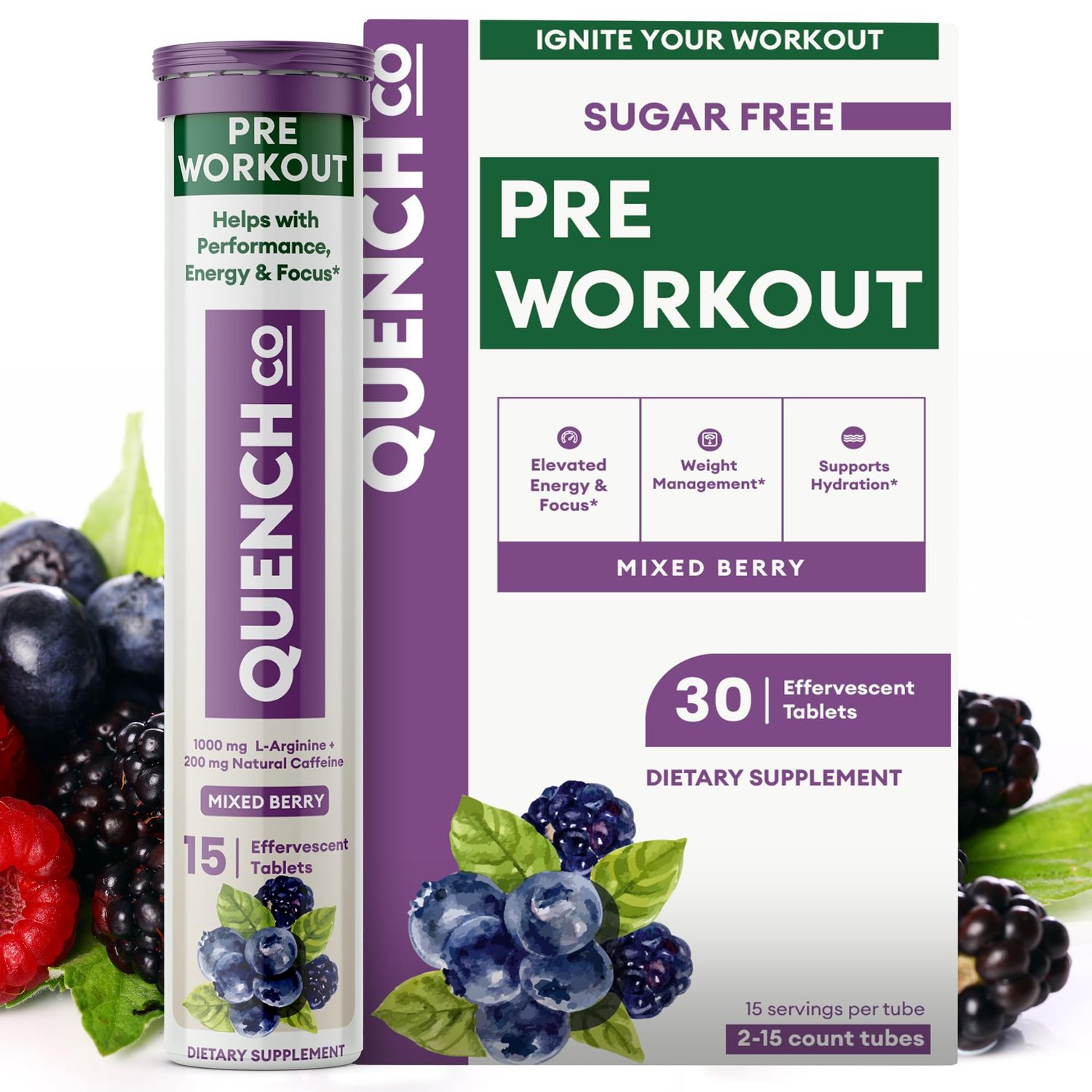 Quench Pre Workout for Men &amp; Women Effervescent Tablets - Boosts Energy &amp; Focus with L-Arginine, Natural Caffeine - Supports Weight Management &amp; Hydration - Vegan, Keto, Soy-Free 30 Count