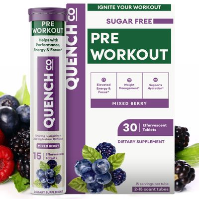 Quench Pre Workout for Men &amp; Women Effervescent Tablets - Boosts Energy &amp; Focus with L-Arginine, Natural Caffeine - Supports Weight Management &amp; Hydration - Vegan, Keto, Soy-Free 30 Count