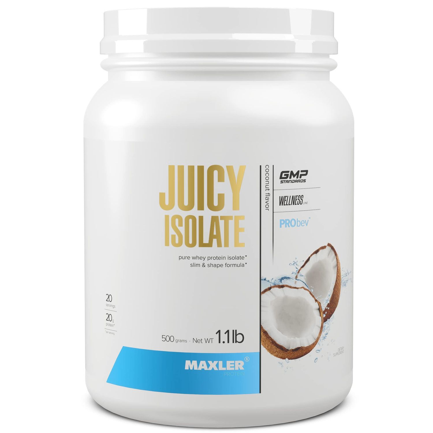 Maxler Juicy Isolate Protein Powder - Clear Whey Isolate - Low Lactose, Fat Free, Sugar Free Muscle Recovery Drink for Pre &amp; Post Workout - 90% of Protein per Serving - Coconut 1.1 lb (20 Servings)