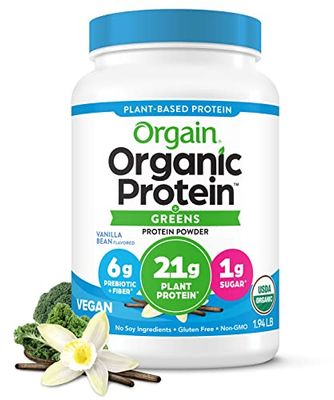 Orgain Organic Vegan Protein Powder + Greens, Vanilla Bean - 21g Plant Based Protein, 6g Prebiotic Fiber for Gut Health, Gluten Free, No Lactose Ingredients, No Sugar Added, Non-GMO - 1.94lb