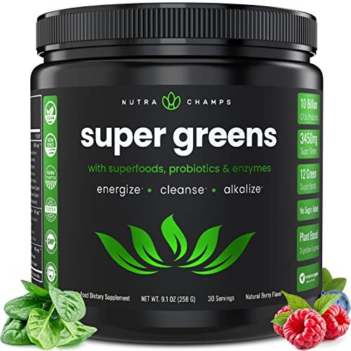 NutraChamps Super Greens Powder Premium Superfood | 20+ Organic Green Veggie Whole Foods | Wheat Grass, Spirulina, Chlorella | Antioxidant, Digestive Enzyme &amp; Probiotic Blends (9.0 Oz, Berry)