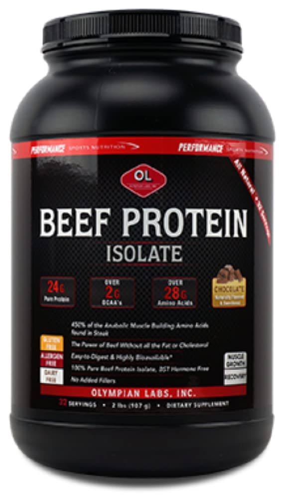 Olympian Labs Beef Protein Isolate Powder, 24g Protein, BST Free, 2 Grams BCAA&#39;s, Muscle Building Amino Acids, 32 Ounces, Flavored with Real Chocolate