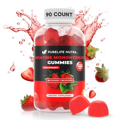 Creatine Monohydrate Gummies - Boost Strength &amp; Focus, 3g serving, Sugar-free, 90 Count, Natural Strawberry flavored Creatine Gummies for Men &amp; Women, Vegan, Gluten Free, Non Bloating, Halal