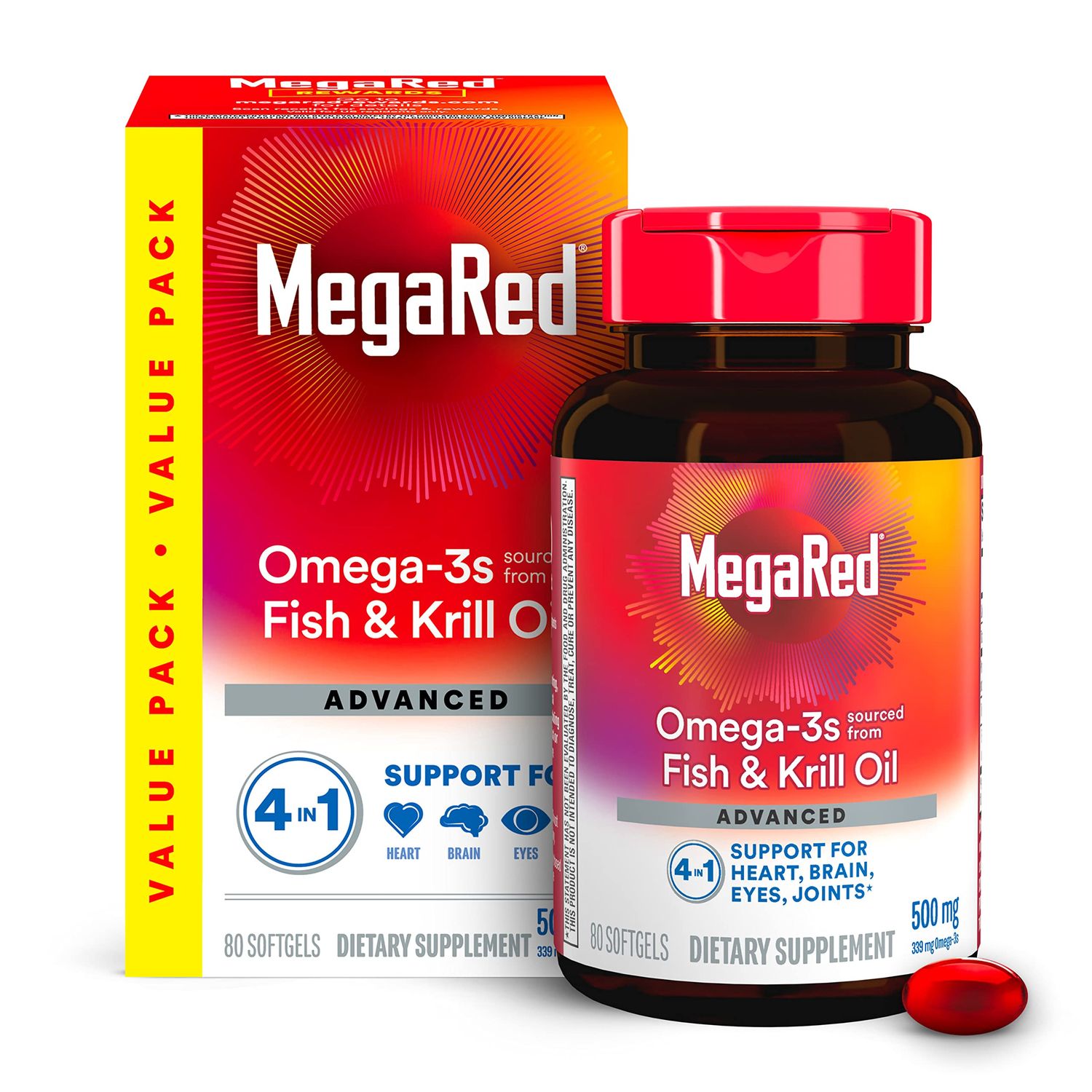 Megared Omega-3 Fish Oil + High Absorption Krill Oil 500mg Softgels, MegaRed Advanced 4in1 (80 count in a bottle) Concentrated Omega-3 Fish &amp; Krill Oil Supplement