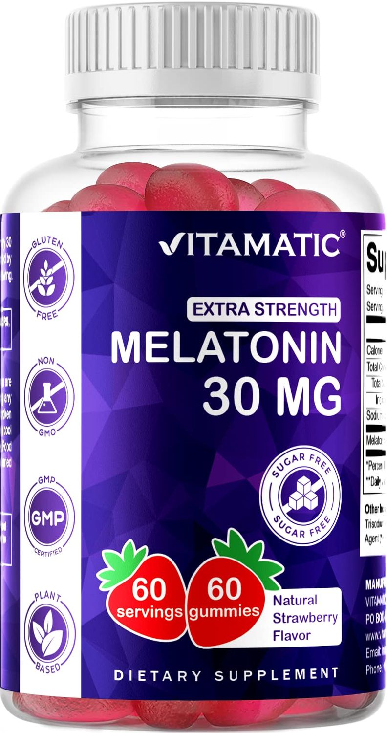 Vitamatic Sugar Free Melatonin 30mg per Gummy - 60 Servings - 60 Vegetarian Gummies - Non-Habit Forming Supplement (60 Count (Pack of 1))