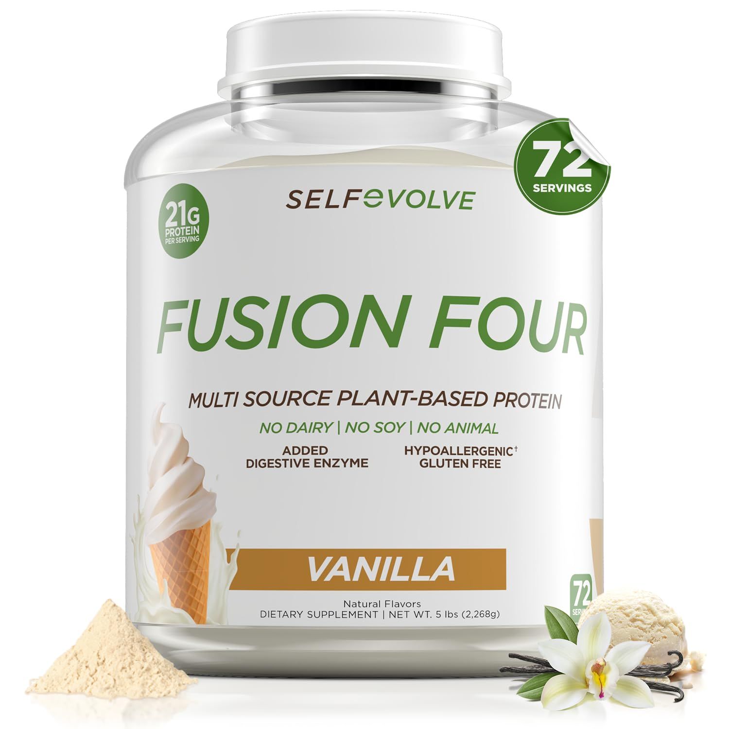 selfevolve Fusion Four Vegan Protein Powder - 21g Plant-Based Protein Powder - Gluten Free, Soy-Free and Dairy Free Protien Powder, for Smoothies and Shakes - Vanilla Protein Powder - 5lbs