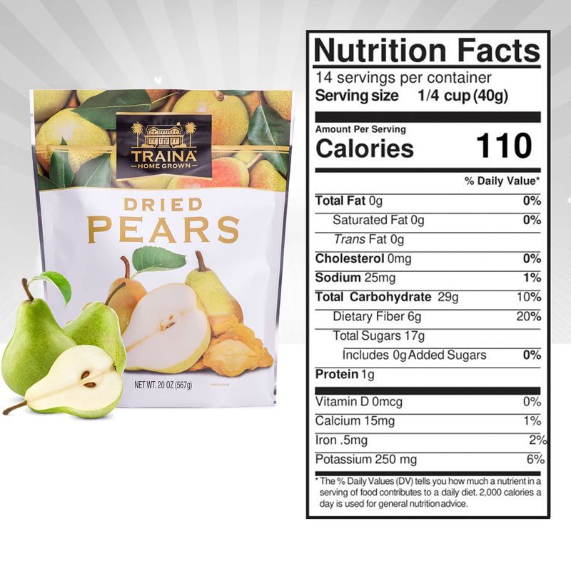 Traina Home Grown Sun Dried Pears - Healthy &amp; Non-GMO, Natural Sweet Flavor Fruit No Sugar Added, Perfect Snack In Resealable Pouch (20 Oz)