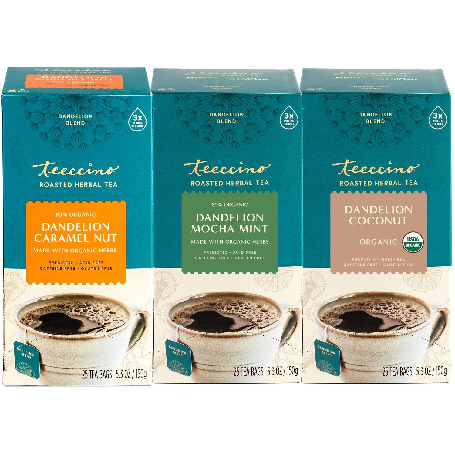 Teeccino Dandelion Root Tea Sampler - Caramel Nut, Mocha Mint, Coconut - Caffeine-Free, Roasted Herbal Tea with Prebiotics, Gluten Free - 25 Tea Bags (Pack of 3)