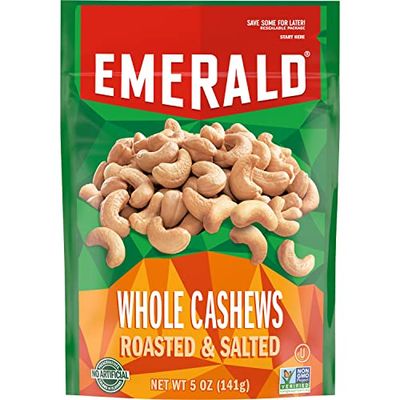 Emerald Nuts Roasted and Salted Whole Cashews (1-Pack), 5oz Resealable Bag, Kosher Certified, Non-GMO, Contains No Artificial Preservatives, Flavors or Synthetic Colors