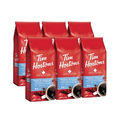 Tim Hortons French Vanilla, Flavored Roast Ground Coffee, Perfectly Balanced, Always Smooth, Made with 100% Arabica Beans, 12 Oz (Pack of 6)