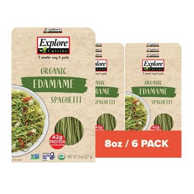 Explore Cuisine Organic Edamame Spaghetti - Pack of 6 (8 oz) - Easy-to-Make Gluten Free Pasta - High in Plant Protein &amp; Fiber - Vegan, Keto Friendly, Non- GMO, Kosher - 24 Total Servings