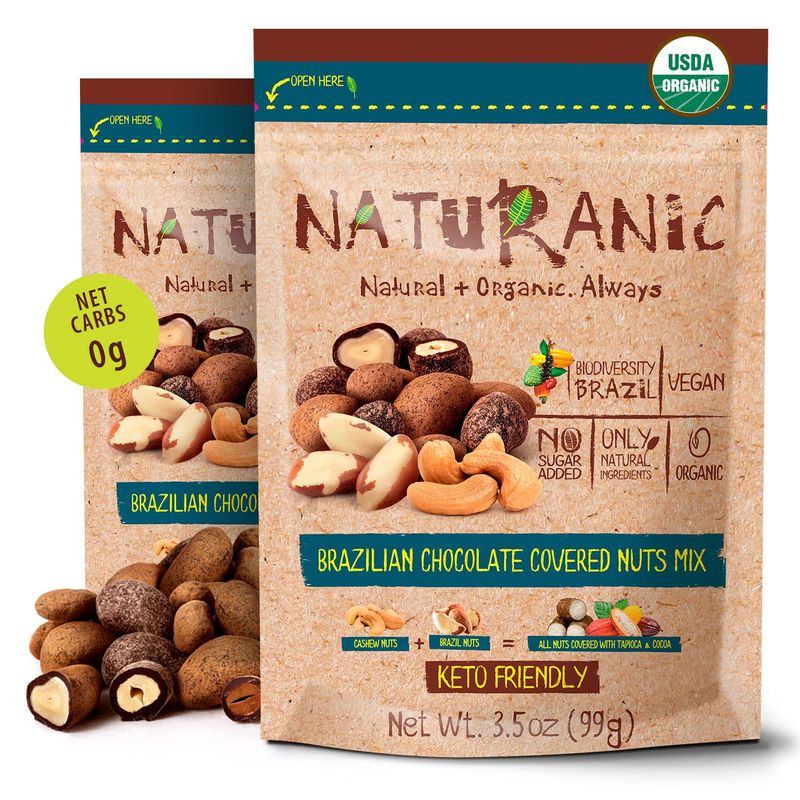 Naturanic Brazilian Dark Chocolate Covered Nuts Snack, No sugar, Keto friendly, Net Carb Zero, All NAtural, Organic, Vegan - Pack of 2