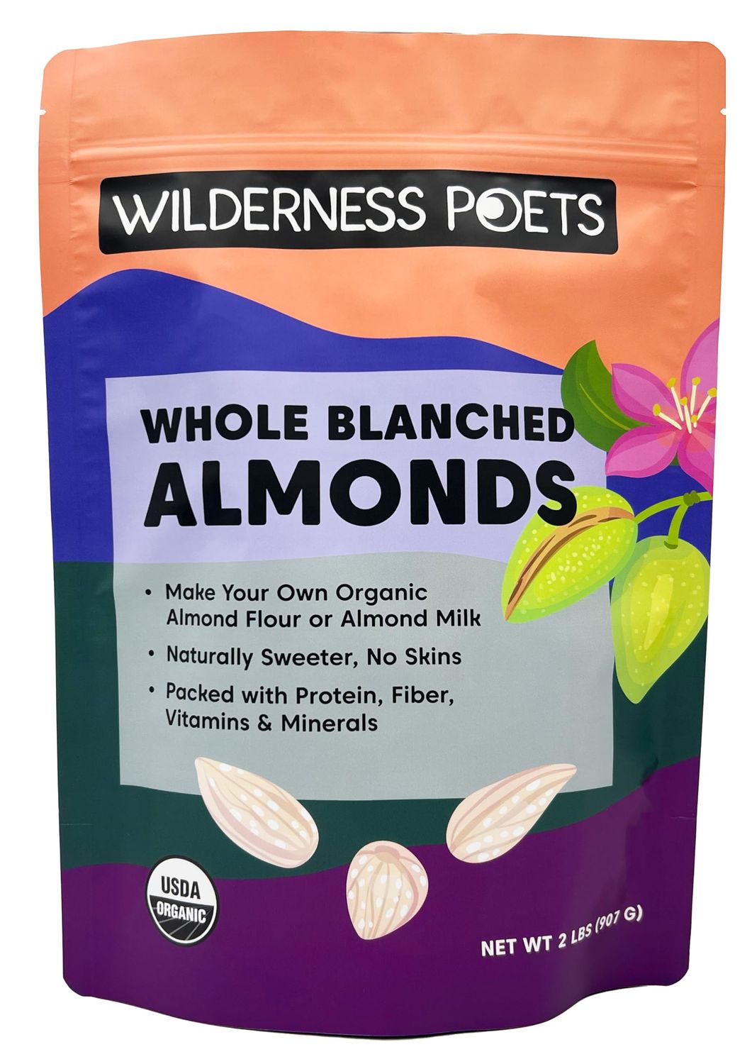 Wilderness Poets, Organic Blanched Almonds - Whole California-Grown Almond Nuts with No Skins - 2 Pound (Pack of 1)