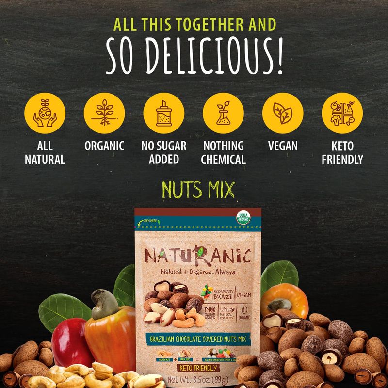 Naturanic Brazilian Dark Chocolate Covered Nuts Snack, No sugar, Keto friendly, Net Carb Zero, All NAtural, Organic, Vegan - Pack of 2