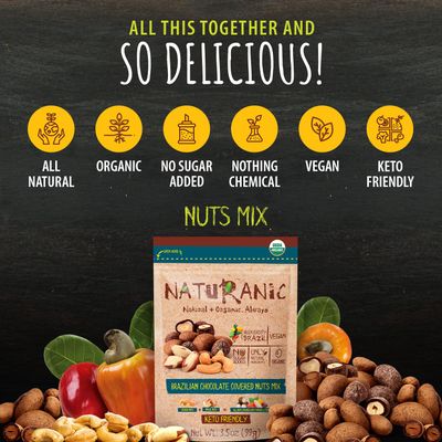 Naturanic Brazilian Dark Chocolate Covered Nuts Snack, No sugar, Keto friendly, Net Carb Zero, All NAtural, Organic, Vegan - Pack of 2