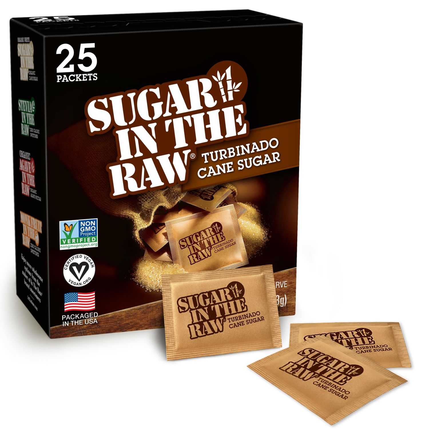 Sugar In The Raw Turbinado Cane Sugar Packets, 25 Ct, Pure, All-Natural Turbinado Sugar, Non-GMO Project Verified, Kosher, Vegan and Gluten Free