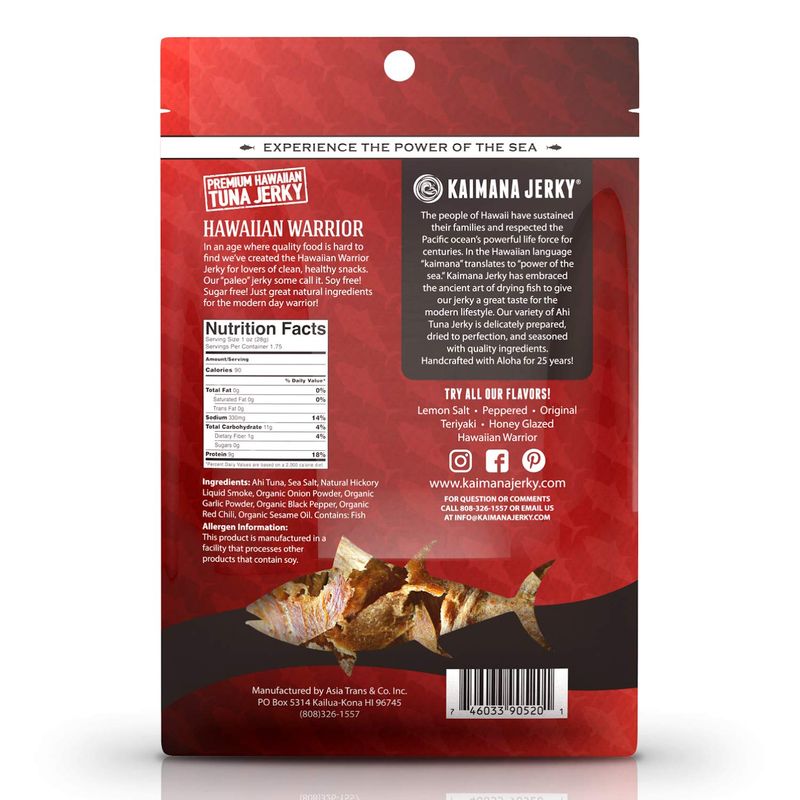 Kaimana Ahi Tuna Jerky Hawaiian Warrior 1.5 Ounce - Paleo Style - Premium Fish Jerky Made in the USA. High in Omega 3's, All Natural and Wild Caught (1.75 Ounce (Pack of 1), Hawaiian Warrior)