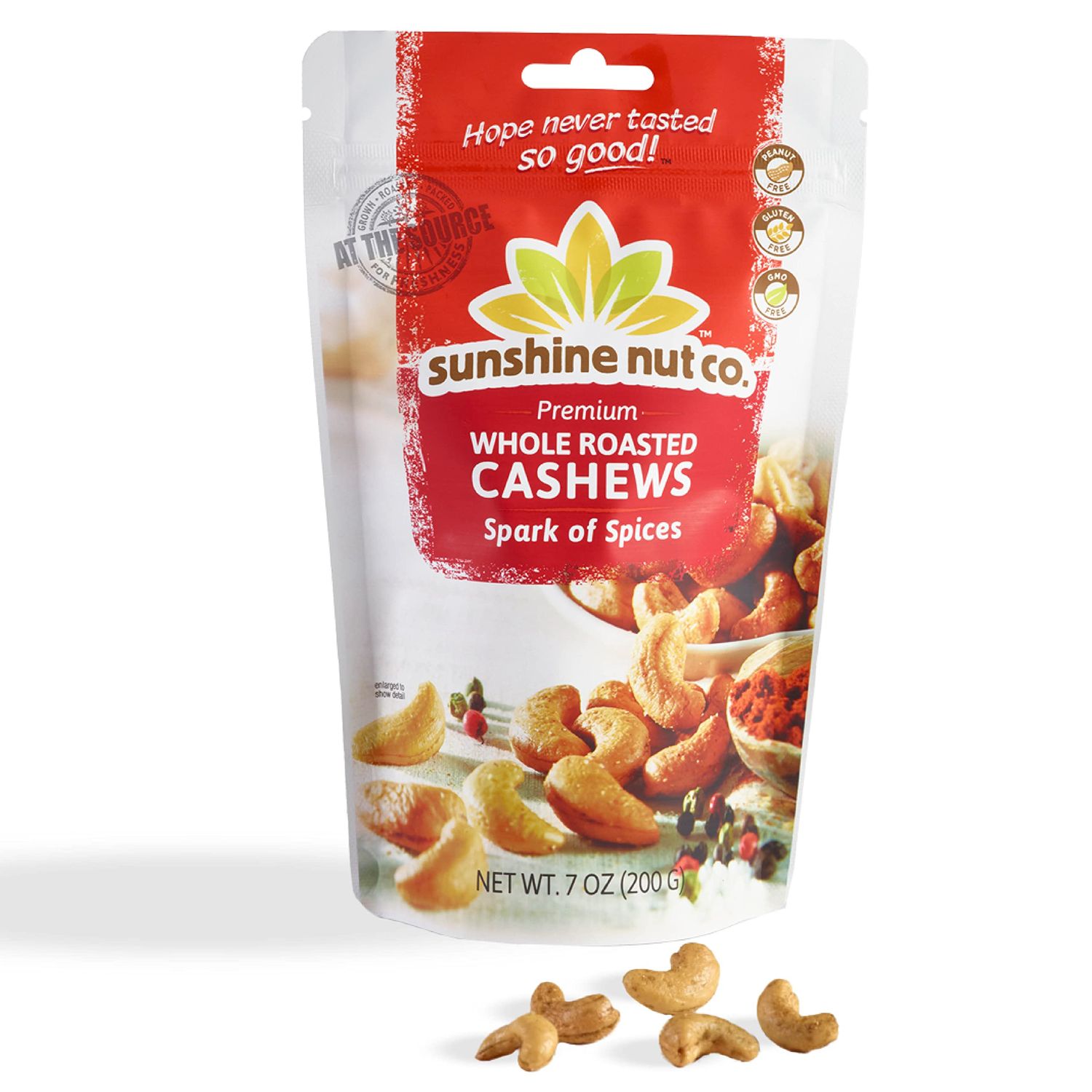 Sunshine Nut Co. Whole Roasted Cashews, Spark of Spices Flavor, Single 7 oz. Bag, Gluten Free, Peanut Free and Vegan Individual Snack Packs for Kids and Adults, GMO Free