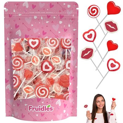 Fruidles Valentine&#39;s Lollipop Party Mix, Hearts, Lips N&#39; Swirls Mixed Fruit Flavor Assortment, Individually Wrapped Assorted (2 Pounds)