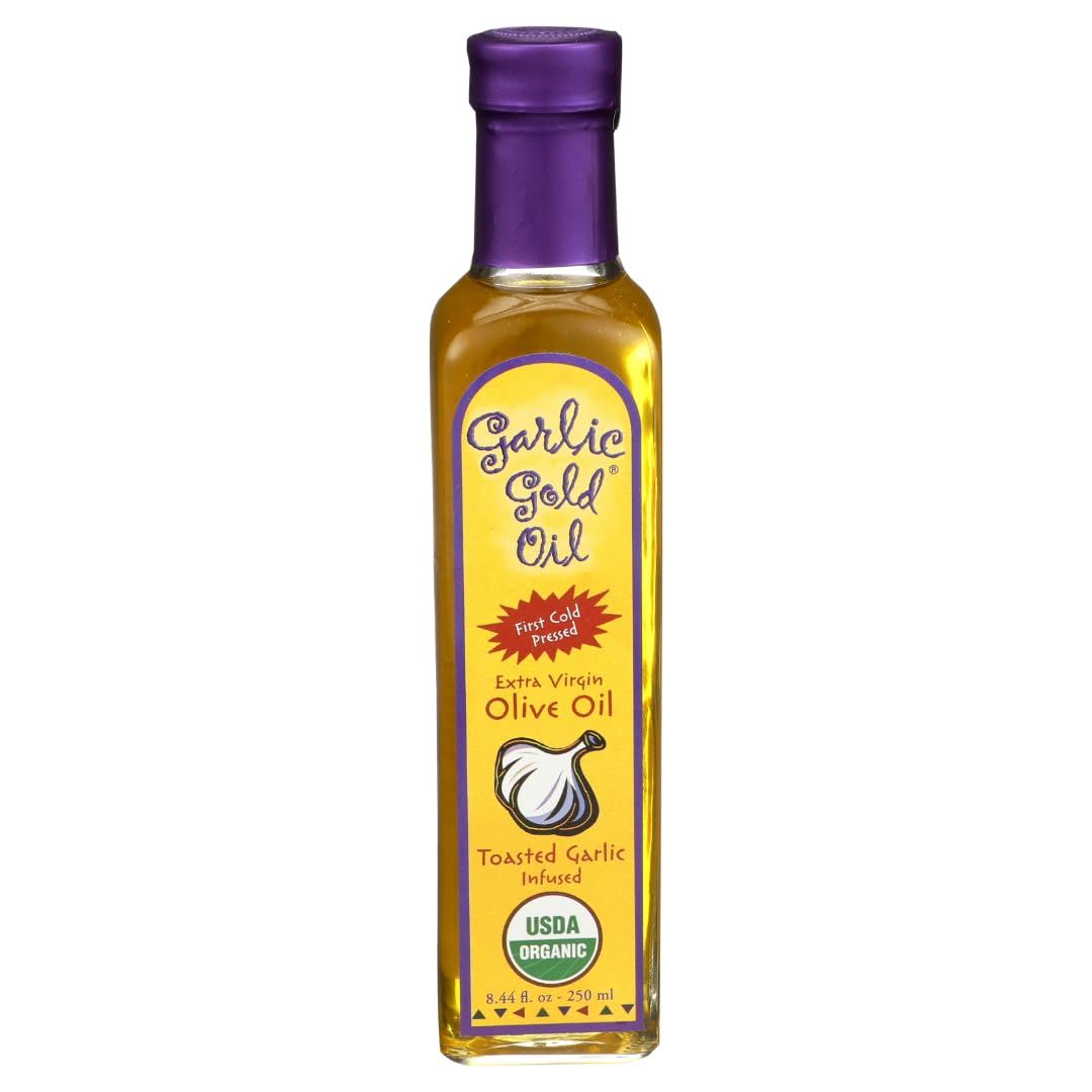 Garlic Gold Extra Virgin Olive Oil Infused with Garlic, Premium Certified USDA Organic, Low FODMAP, Cold Pressed (8.44 Fl Oz)