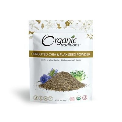 Organic Traditions Sprouted Chia and Flax Seed Powder Organic Chia and Organic Flax for Plant Based Non-GMO Superfood 454g/16oz Bag