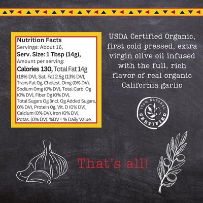 Garlic Gold Extra Virgin Olive Oil Infused with Garlic, Premium Certified USDA Organic, Low FODMAP, Cold Pressed (8.44 Fl Oz)