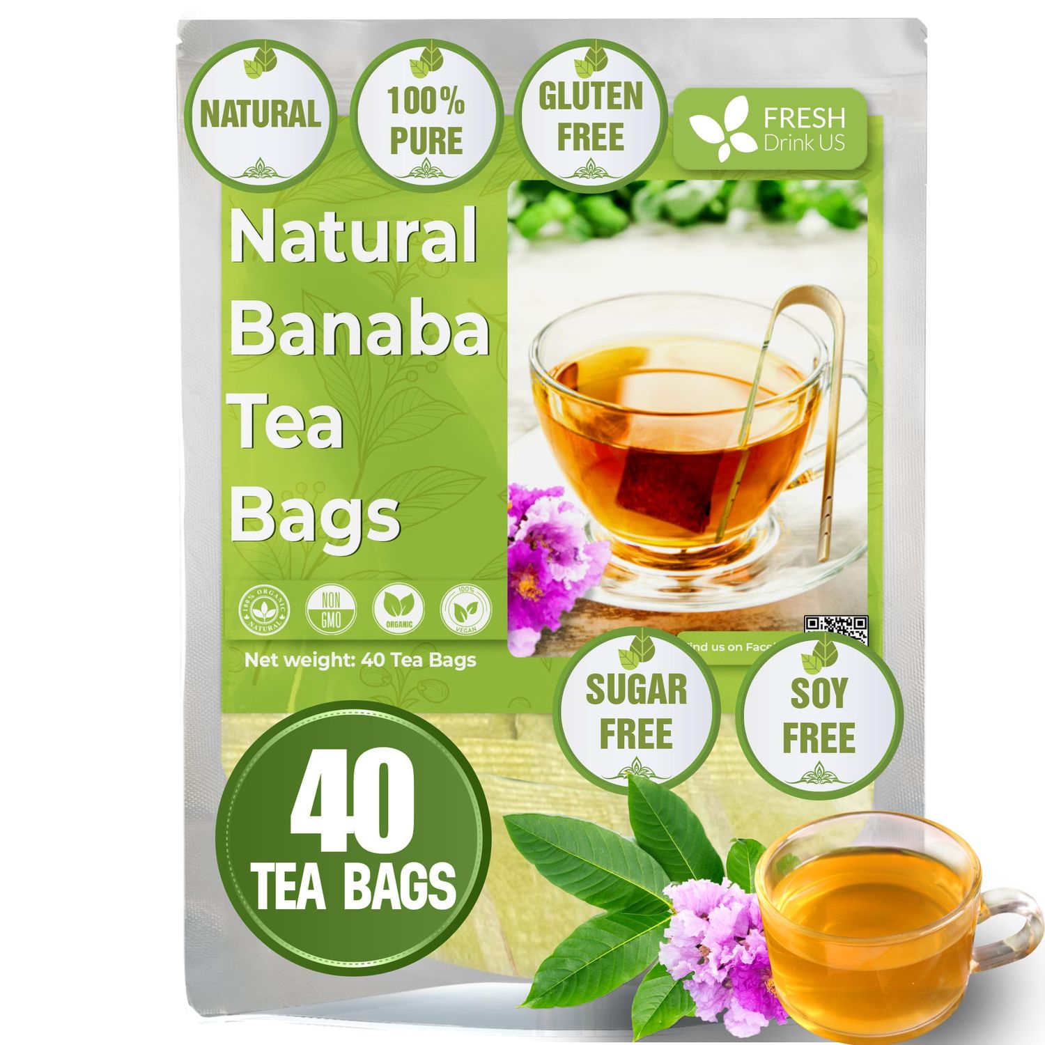 FreshDrinkUS, Premium 40 Banaba Tea Bags, 100% Natural &amp; Pure from Banaba Leaves. Loose Leaf Banaba Herbal Tea. No Sugar, No Caffeine, No Gluten, Vegan.