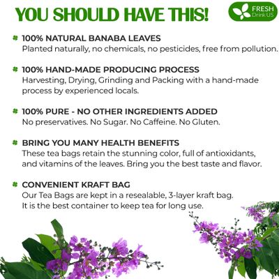 FreshDrinkUS, Premium 40 Banaba Tea Bags, 100% Natural &amp; Pure from Banaba Leaves. Loose Leaf Banaba Herbal Tea. No Sugar, No Caffeine, No Gluten, Vegan.