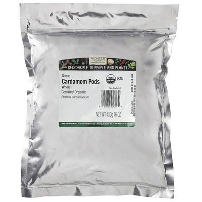 Frontier Co-op Organic Whole Cardamom Pods, 1-Pound, Sweet, Warm Taste, Exotic Floral Aroma, Certified Organic &amp; Kosher