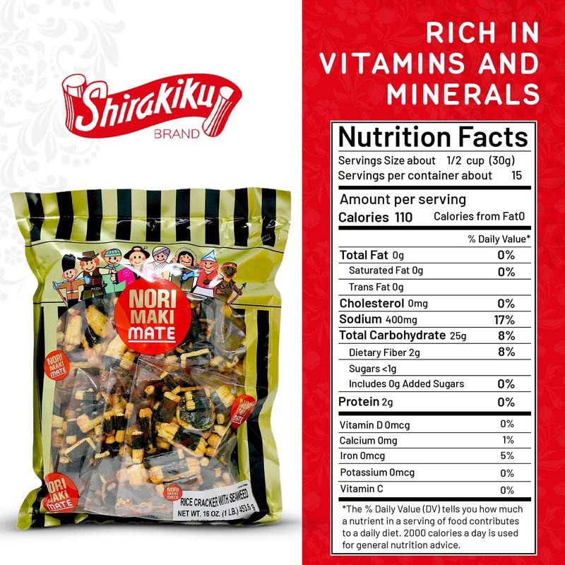 Shirakiku Norimaki Arare Mate - Crispy Japanese Rice Cracker | Glutinous Rice, Soy Sauce and Seaweed | Low Carb Rice Cracker Snacks, Seaweed Flavor 16 Oz - (Pack of 1)