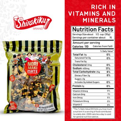 Shirakiku Norimaki Arare Mate - Crispy Japanese Rice Cracker | Glutinous Rice, Soy Sauce and Seaweed | Low Carb Rice Cracker Snacks, Seaweed Flavor 16 Oz - (Pack of 1)