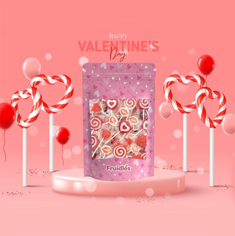 Fruidles Valentine's Lollipop Party Mix, Hearts, Lips N' Swirls Mixed Fruit Flavor Assortment, Individually Wrapped Assorted (2 Pounds)