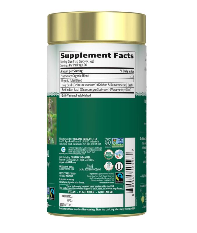 Organic India Tulsi Original Herbal Tea - Loose Leaf Holy Basil and African Basil Calming and Stress Relief Tea, Immune Support, USDA Certified Organic, Non-GMO, Caffeine-Free - 3.5 oz Canister