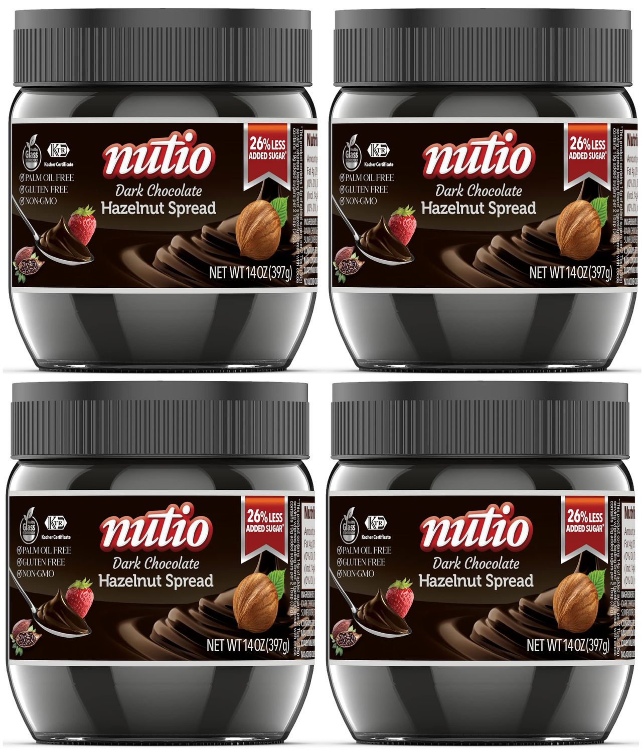 Nutio Dark Chocolate Hazelnut Spread - 26% Less Added Sugar, Palm Oil Free, Gluten Free, Non-GMO - 56 oz (4 pack) Glass Jar