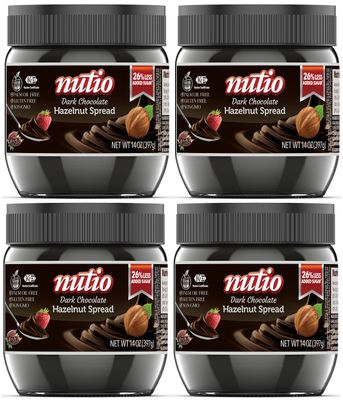 Nutio Dark Chocolate Hazelnut Spread - 26% Less Added Sugar, Palm Oil Free, Gluten Free, Non-GMO - 56 oz (4 pack) Glass Jar