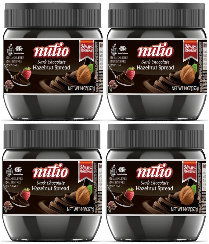 Nutio Dark Chocolate Hazelnut Spread - 26% Less Added Sugar, Palm Oil Free, Gluten Free, Non-GMO - 56 oz (4 pack) Glass Jar