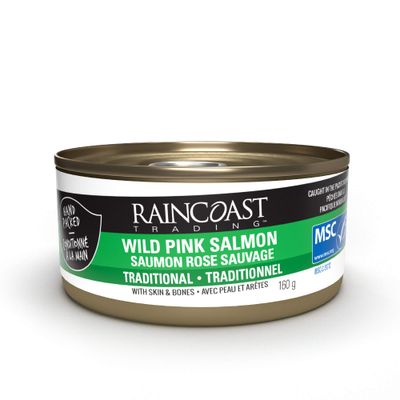 Raincoast Trading Canned Wild Pink Salmon Traditional Contains Skin and Bones Wild Caught Pacific Northwest Certified Sustainable Made in Canada High Protein Keto Friendly - Case of 12 5.6oz Cans