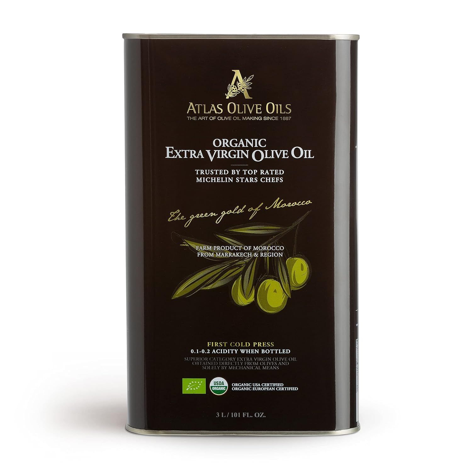 A ATLAS OLIVE OILS Bulk Organic Cold Pressed Moroccan Extra Virgin Olive Oil, Polyphenol Rich, Newly Harvested Unprocessed from One Single Family Farm Cold Press Ext. Virgin 170 Fl Oz (Pack of 1)